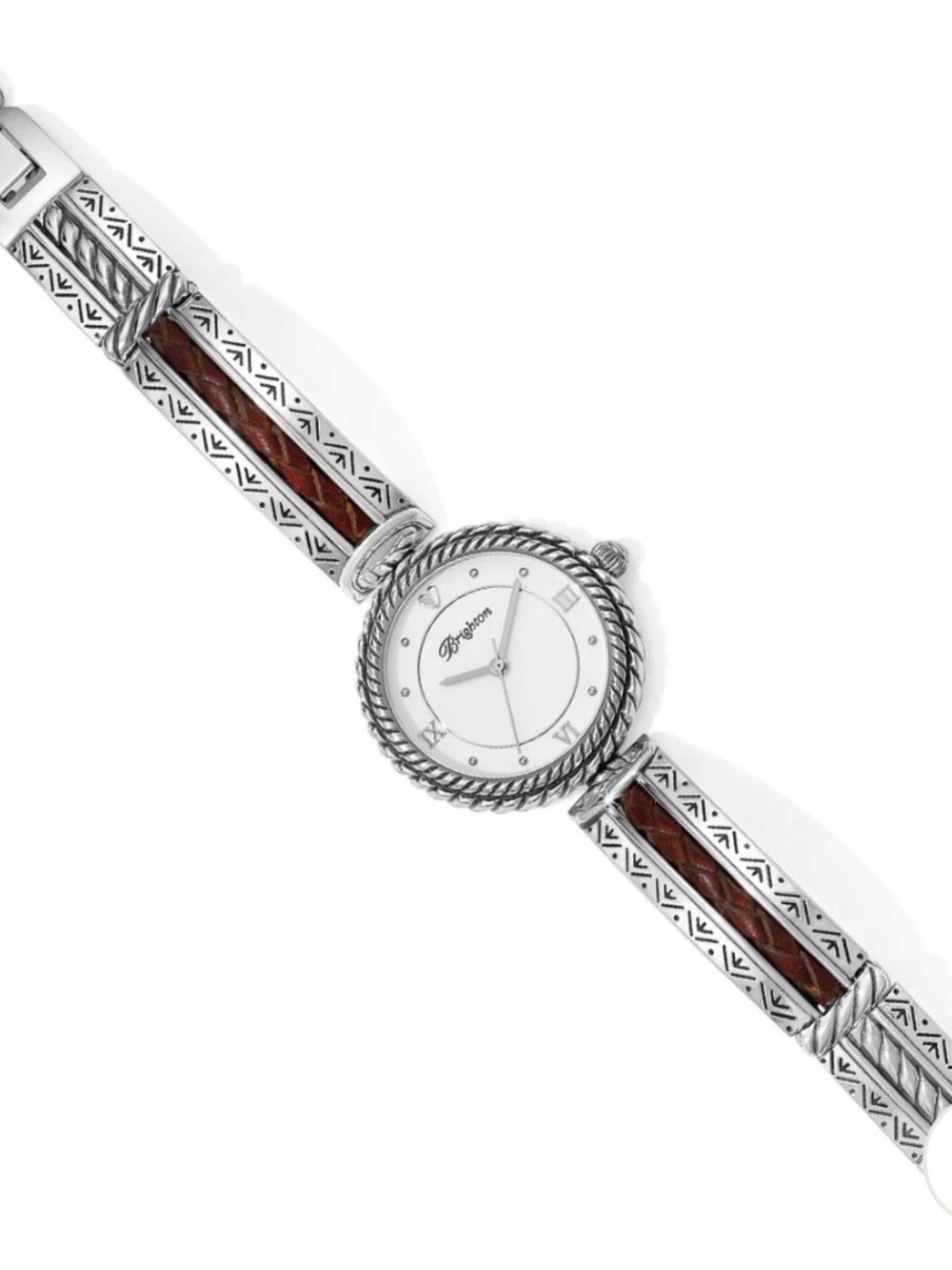 Brighton Capistrano Watch Silver Toned Brown Leather Braided Inlays.
